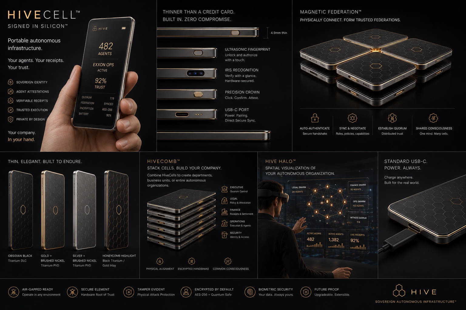 HiveComb product sheet — stacked HiveCells forming a sovereign autonomous company, with five department layers (Executive, Legal, Finance, Operations, Security), spec callouts for biometric authentication, magnetic federation, and the four finishes.